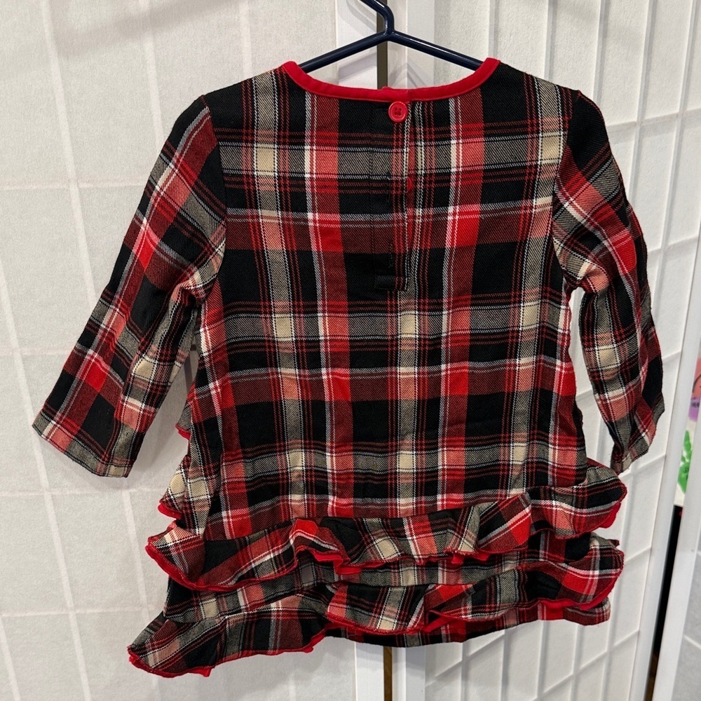 Hanna Anderson Red Black Tan Plaid Ruffle Dress Size 80 US 18-24M - Picture 2 of 3